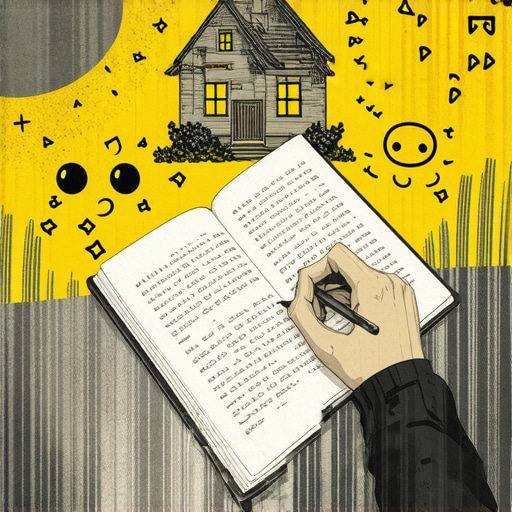 Dream Journal for Self-Discovery Person writing in a journal with symbols of house and emotions around