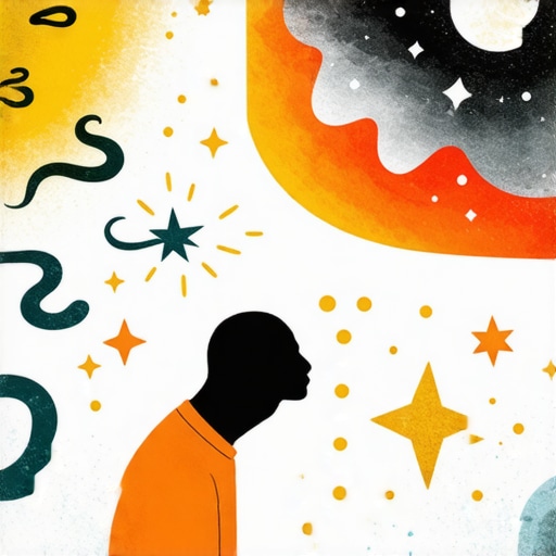 Surreal artwork depicting a person interpreting dream symbols like snakes and water