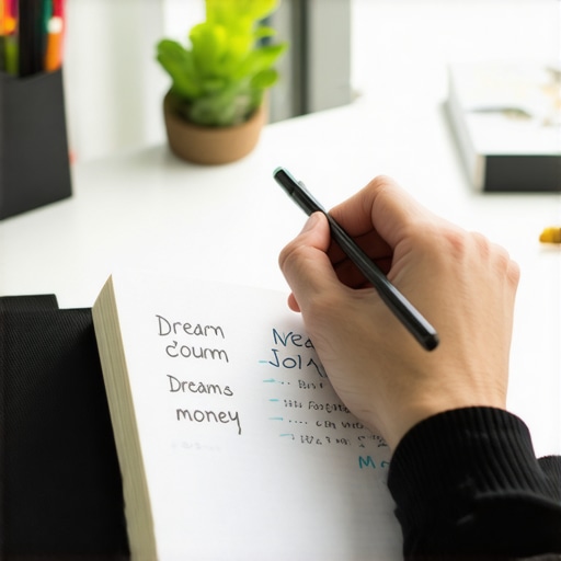 Dream journaling about counting money Person writing in a journal about dreams of counting money with a peaceful background.
