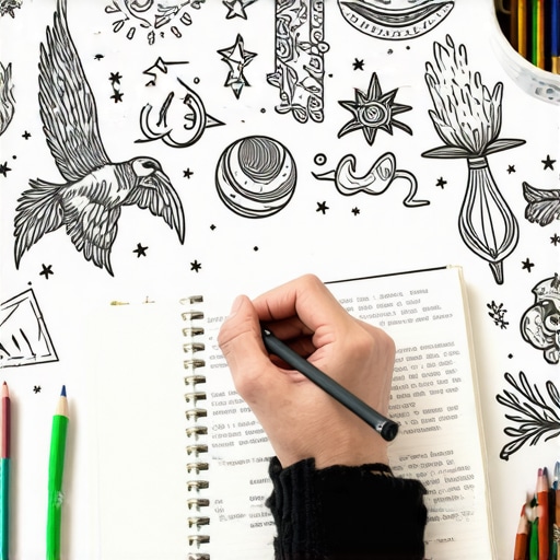 Osoba zapisuje snove u dnevnik sa simbolima i simbolima u pozadini