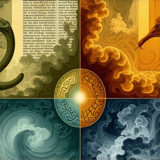 Ilustracija koja prikazuje kompleksnost tumačenja snova, gde se arhetipski simboli prepliću sa individualnim emocijama i kulturološkim nasleđem, predstavljajući finu nijansu između bukvalnog i dubinskog razumevanja snova.