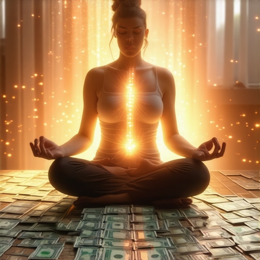 Ilustracija osobe koja meditira na novcu, simbolizujući pronalaženje unutrašnje vrednosti i razumevanje dubljih poruka snova, umesto fokusiranja na materijalno bogatstvo.