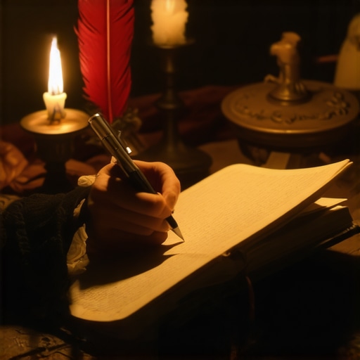 Vođenje dnevnika snova: Put ka samorazumevanju Osoba zapisuje snove u dnevnik, okružena simbolima podsvesti, naglašavajući važnost introspekcije i tumačenja snova.