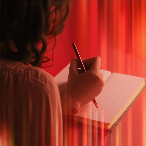 Zapisivanje Snova za Tumačenje Crvene Boje Osoba piše u dnevniku snova, dešifrujući značenje crvene boje u snovima.